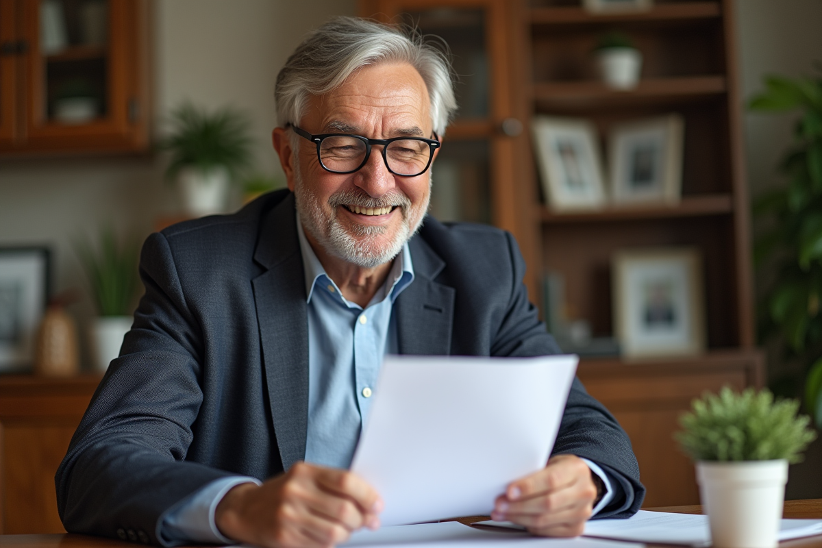Homme senior souriant lisant une lettre chez lui