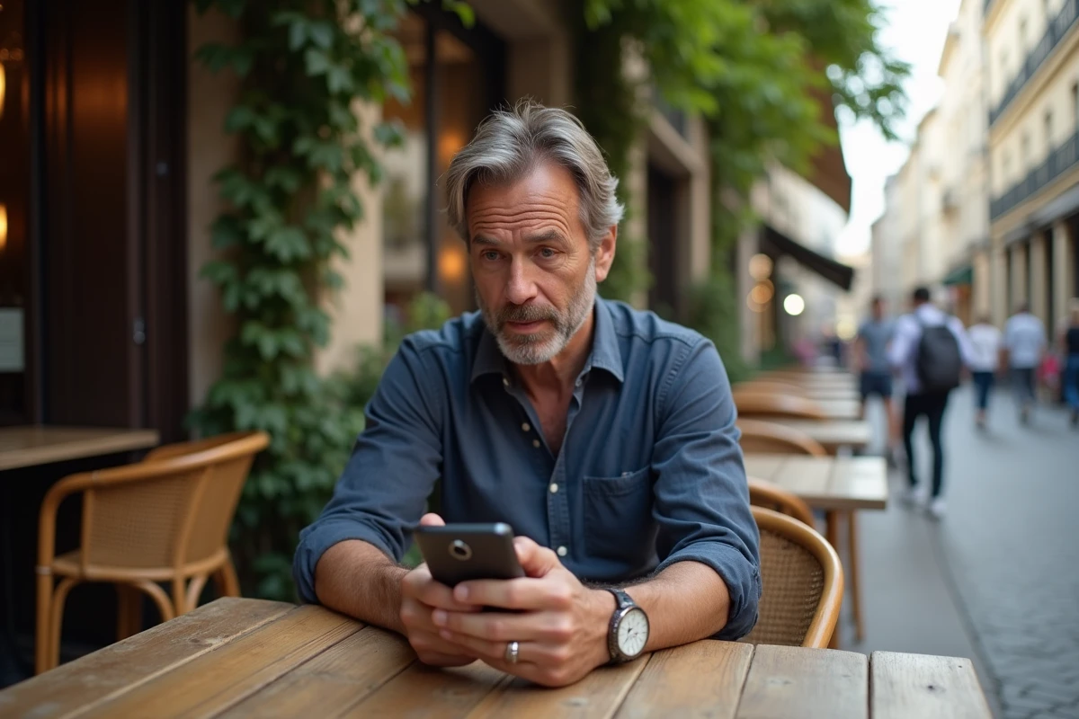 Homme découvrant l'heure miroir 12h12 sur son smartphone dans un café parisien, moment de synchronicité quotidienne