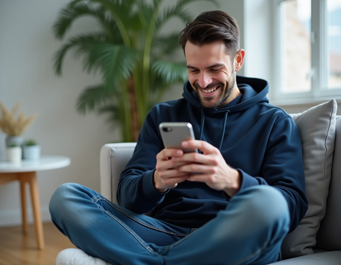 Homme concentré sur un jeu de devinettes de mots sur smartphone dans un salon scandinave minimaliste