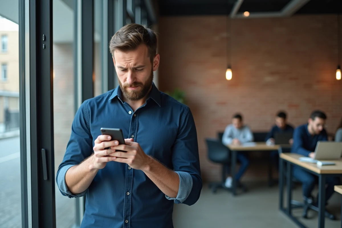 Homme dans un espace de coworking lisant un message sur son smartphone en réfléchissant aux fautes d'orthographe possibles sur les réseaux sociaux