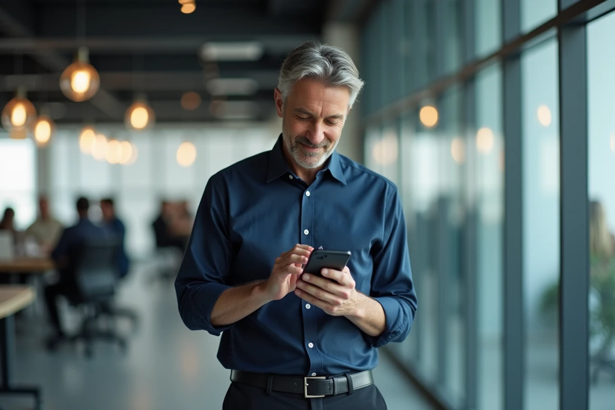 Homme en bureau moderne consultant des résultats de recherche Google sur smartphone, symbolisant le succès et la visibilité de Tarenoi en ligne