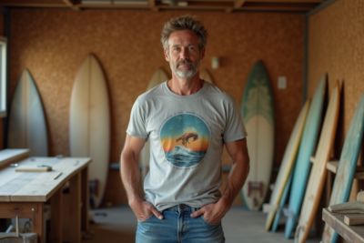 Homme détendu dans un atelier de planches de surf