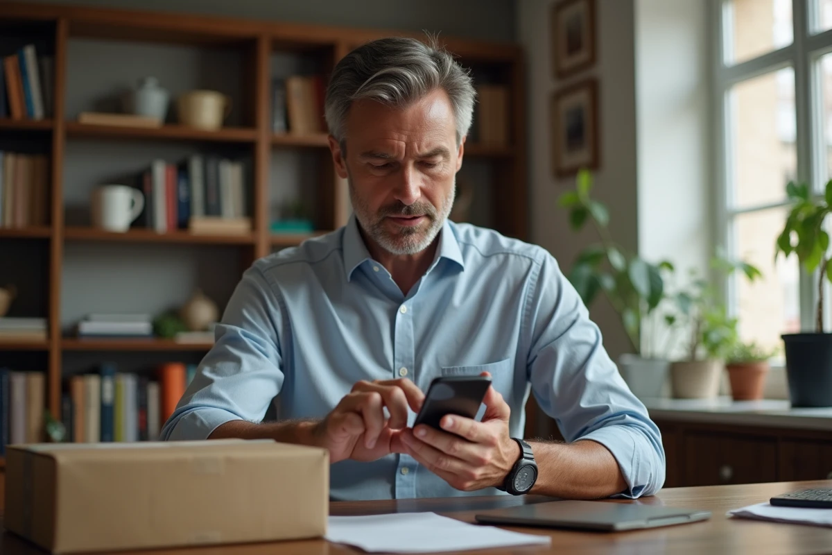 Homme vérifiant un colis avec son smartphone dans un bureau