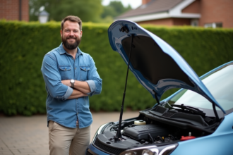 Homme barbu devant une voiture compacte moderne en 2025