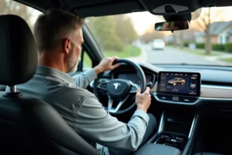 Homme d'âge moyen dans une voiture moderne interactant avec le tableau de bord