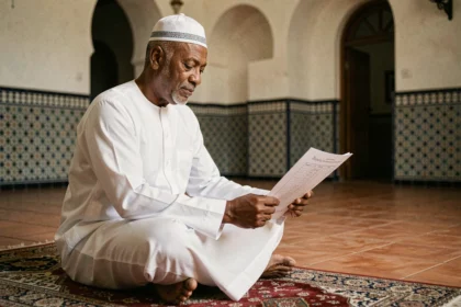Homme en djellaba consultant l'horaire de prière du ramadan dans une mosquée de Béziers