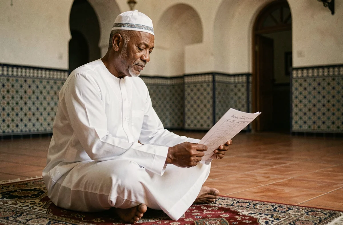 Homme en djellaba consultant l'horaire de prière du ramadan dans une mosquée de Béziers