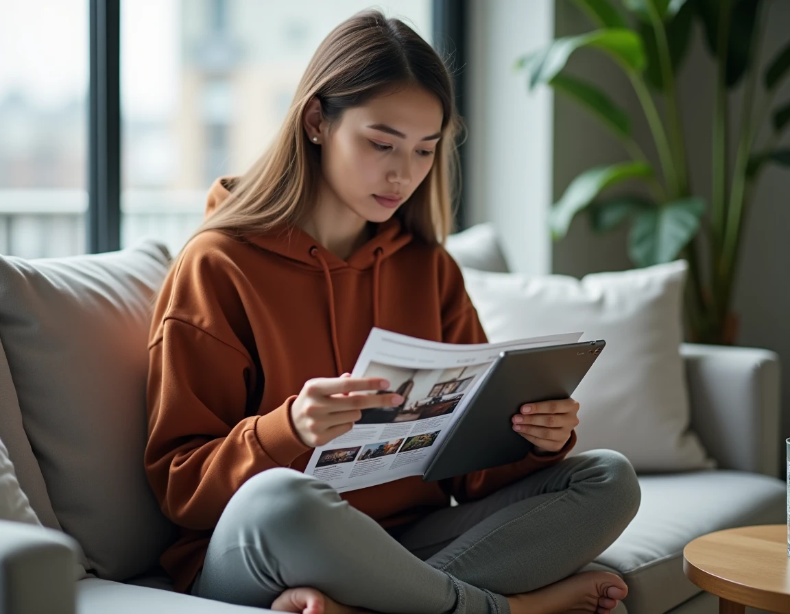 Jeune femme sur un canapé consultant une tablette et une photo imprimée pour identifier et retrouver quelqu'un gratuitement en ligne