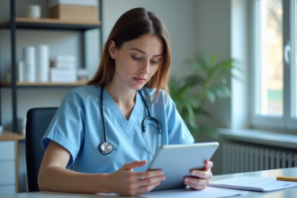 Infirmière femme en uniforme bleu examine dossiers