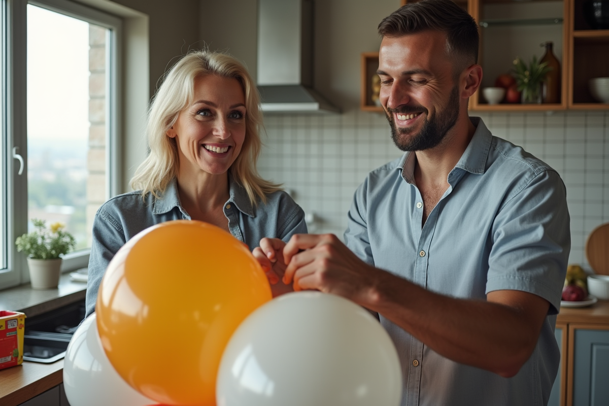 Personnes gonflant des ballons dans une cuisine