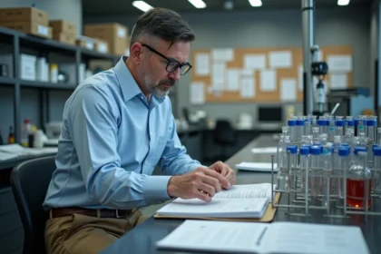 Ingénieur homme examine tubes en laboratoire pour article