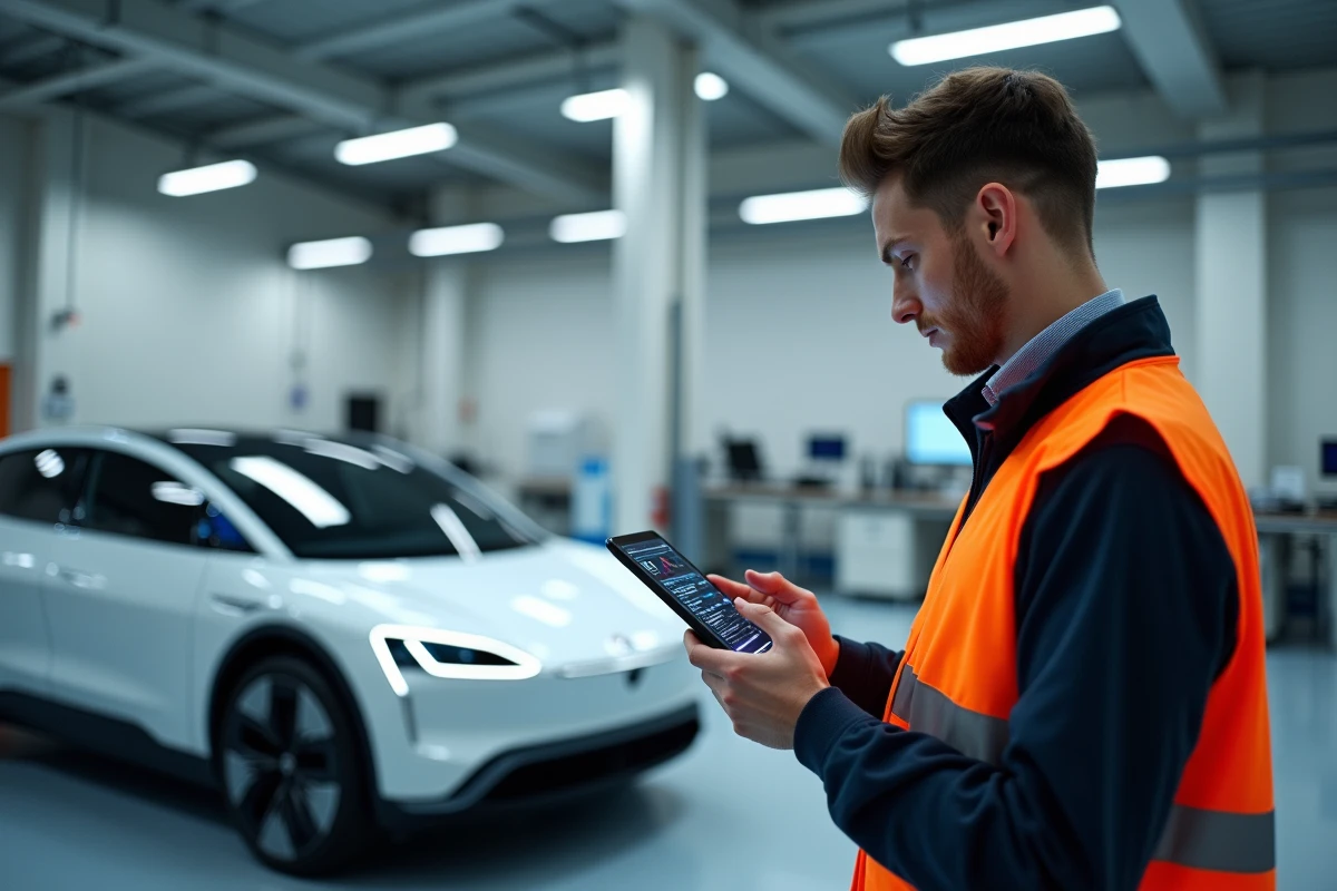 Ingénieur automobile examinant un véhicule électrique dans un centre de recherche