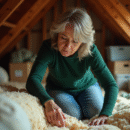 Femme inspectant une vieille isolation dans un grenier