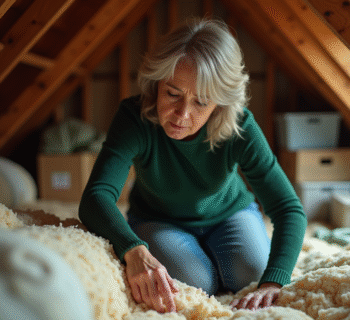 Femme inspectant une vieille isolation dans un grenier