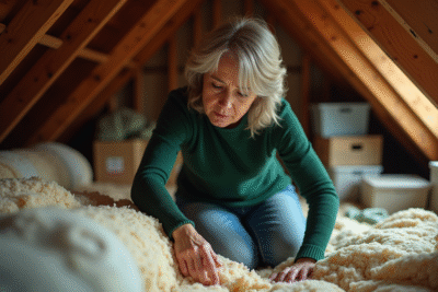 Femme inspectant une vieille isolation dans un grenier