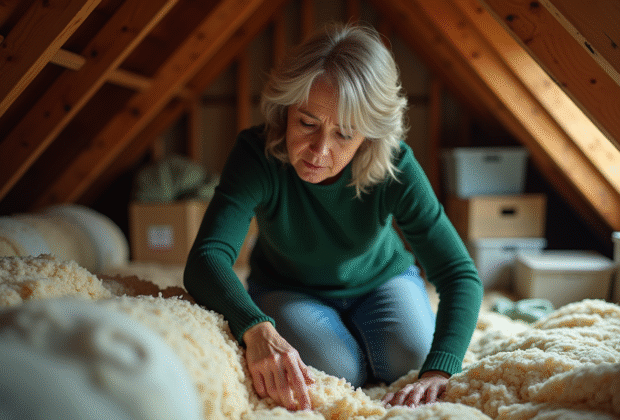 Femme inspectant une vieille isolation dans un grenier