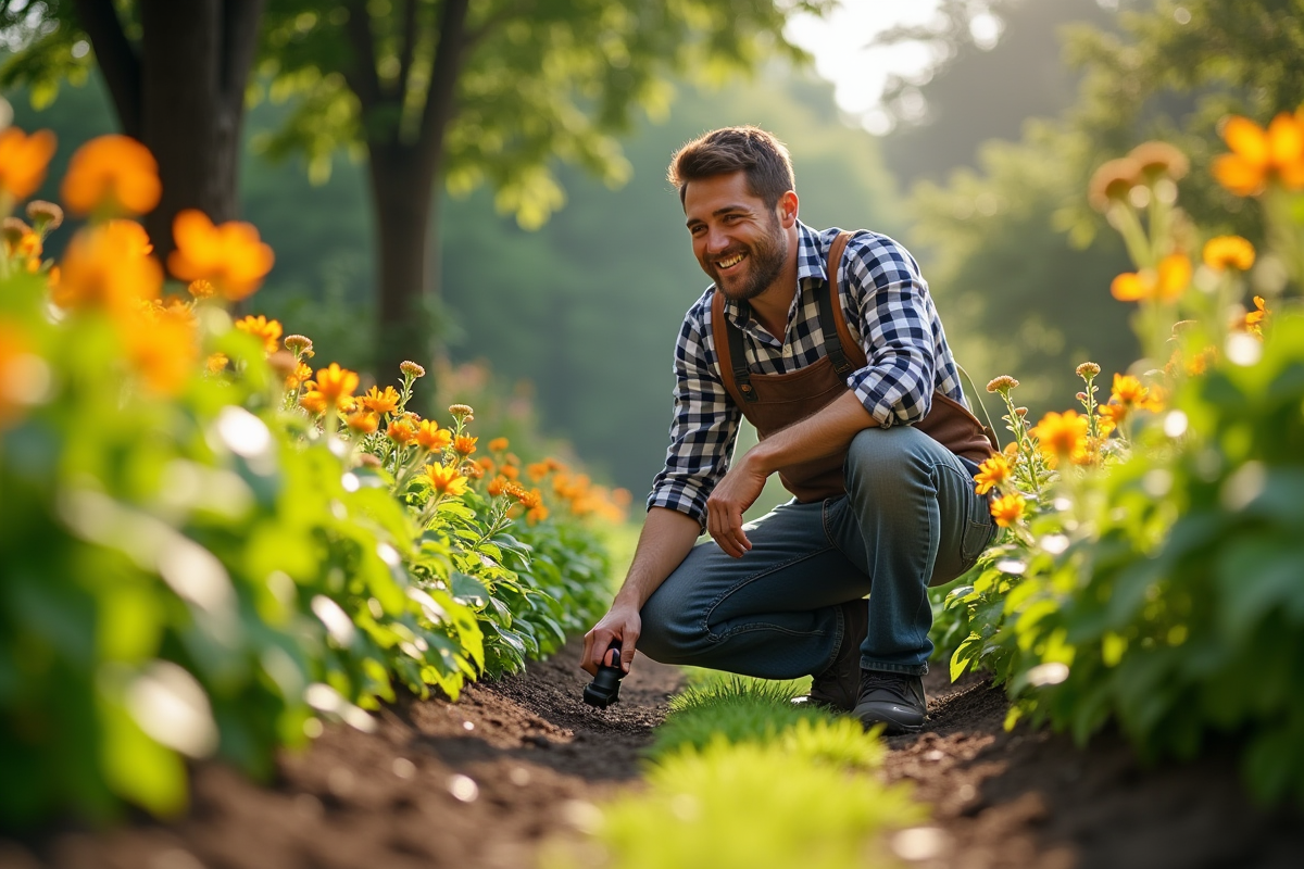 Jardinier souriant près de plantes en V au lever du soleil