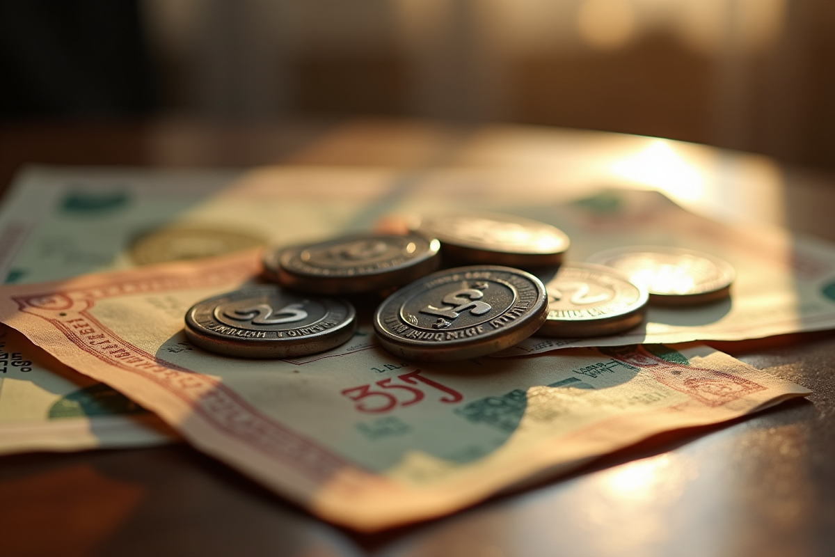 Gros plan sur jetons en métal Monopoly et billets francs anciens