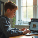 Jeune adulte utilisant un ordinateur sur un bureau lumineux