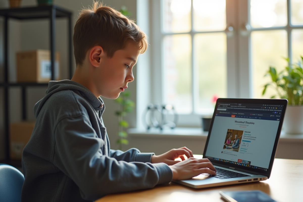 Jeune adulte utilisant un ordinateur sur un bureau lumineux