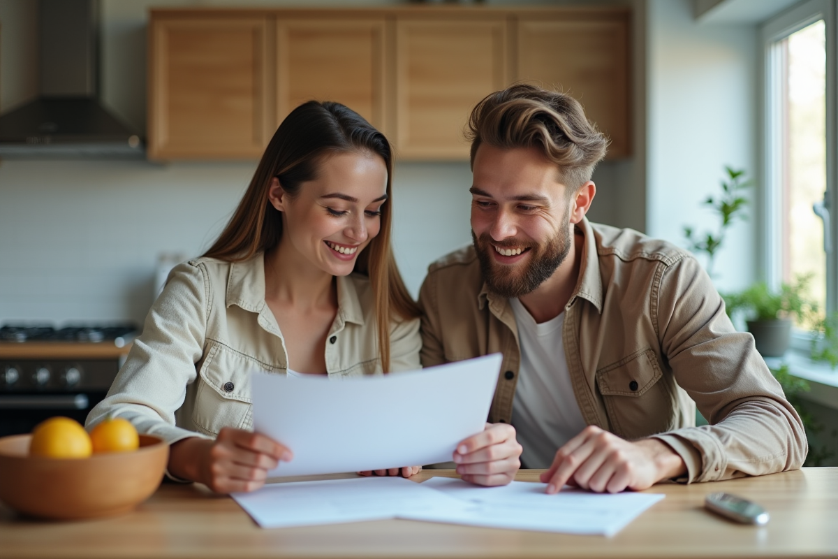 Jeune couple dans la cuisine en train de revoir des documents