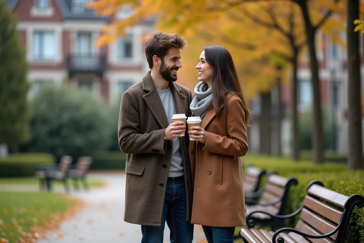 Jeune couple discutant dans un parc en automne