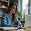 Jeune femme au bureau à domicile avec ordinateur et livres