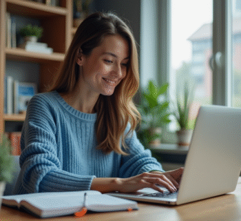 Jeune femme au bureau à domicile avec ordinateur et livres