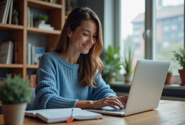 Jeune femme au bureau à domicile avec ordinateur et livres