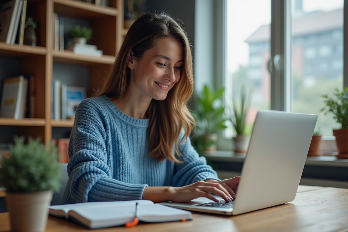 Jeune femme au bureau à domicile avec ordinateur et livres