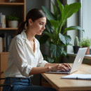 Jeune femme au bureau regardant un site de carrière