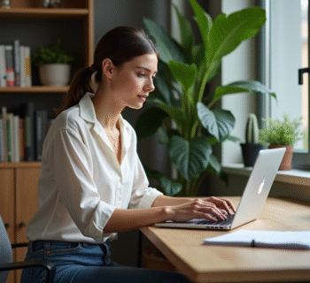 Jeune femme au bureau regardant un site de carrière