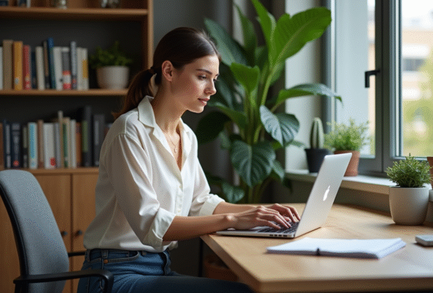 Jeune femme au bureau regardant un site de carrière