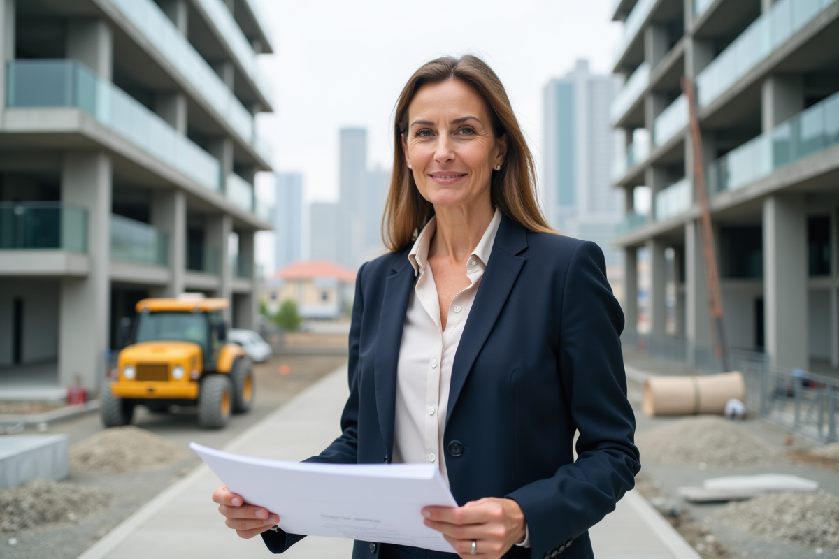 Femme promoteure sur site avec plans de construction