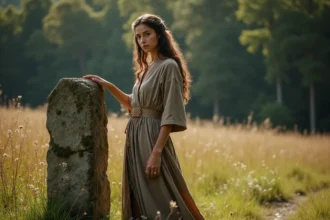 Jeune femme en tunique au bord de la forêt et pierre ancienne