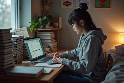 Jeune femme lisant manga sur ordinateur dans sa chambre