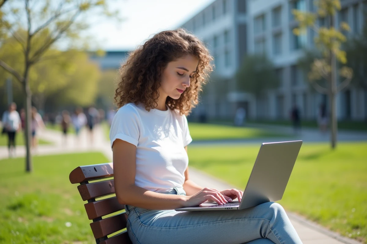 Jeune femme dehors utilisant son ordinateur pour convertir des tonnes en kilogrammes