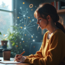 Jeune femme dans un bureau moderne avec symboles quantiques flottants