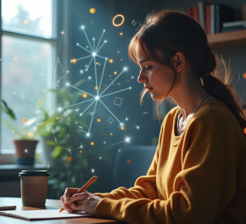Jeune femme dans un bureau moderne avec symboles quantiques flottants