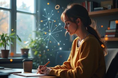 Jeune femme dans un bureau moderne avec symboles quantiques flottants