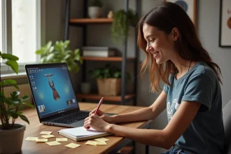 Jeune femme concentrée à son bureau avec laptop et notes sur les mods Sims