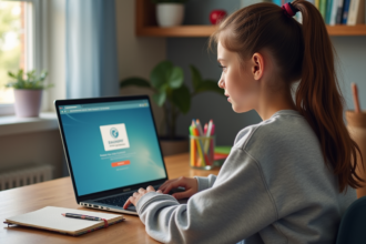 Jeune fille au bureau numérique sur son laptop dans sa chambre