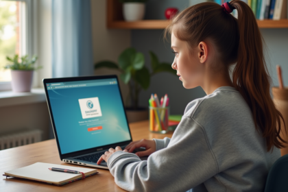 Jeune fille au bureau numérique sur son laptop dans sa chambre