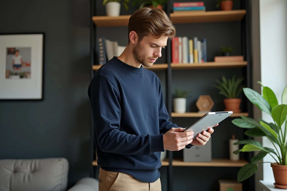 Jeune homme avec tablette dans un salon cosy
