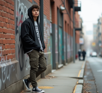 Jeune homme décontracté contre un mur graffité en ville