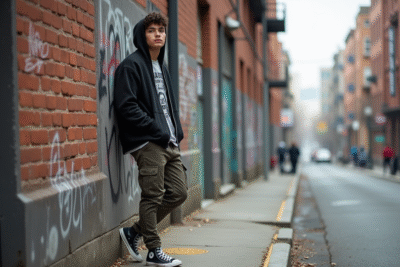 Jeune homme décontracté contre un mur graffité en ville