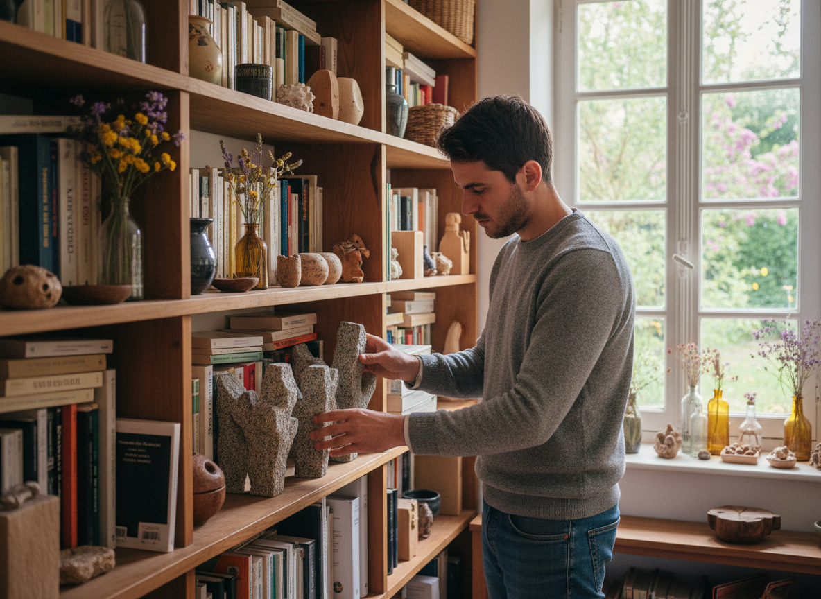 Jeune homme français arrangeant des livrets dans une bibliothèque artisanale