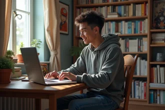 Jeune homme lisant manga sur ordinateur dans sa chambre