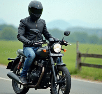 Jeune homme en moto devant un paysage campagnard