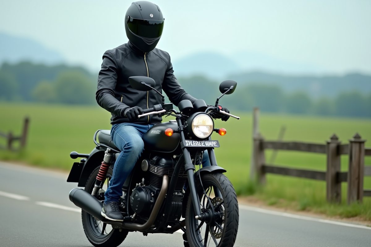 Jeune homme en moto devant un paysage campagnard